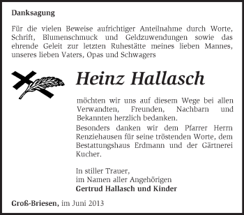 Traueranzeige von Heinz Hallasch von Märkische Oderzeitung