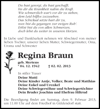 Traueranzeige von Regina Braun von Märkische Oderzeitung