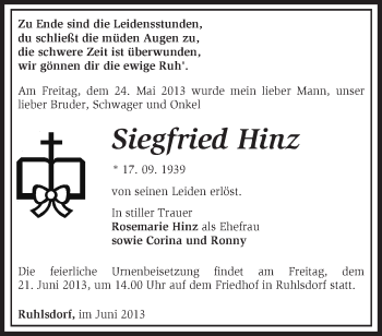 Traueranzeige von Siegfried Hinz von Märkische Oderzeitung