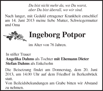 Traueranzeige von Ingeborg Potpor von Märkische Oderzeitung