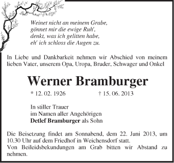 Traueranzeige von Werner Bramburger von Märkische Oderzeitung