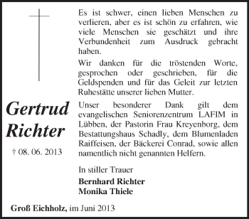 Traueranzeige von Gertrud Richter von Märkische Oderzeitung