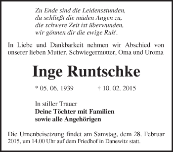 Traueranzeige von Inge Runtschke von Märkische Oderzeitung