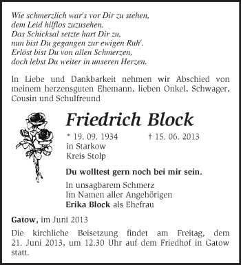 Traueranzeige von Friedrich Block von Märkische Oderzeitung