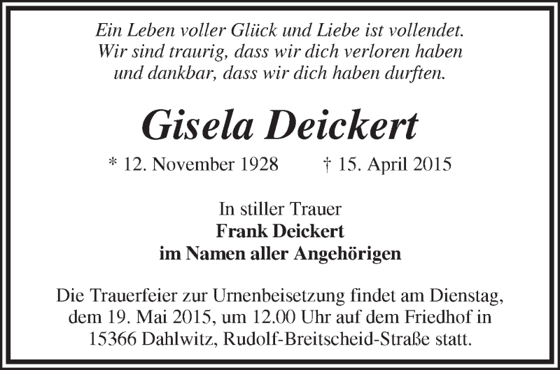  Traueranzeige für Gisela Deickert vom 25.04.2015 aus Märkische Oderzeitung