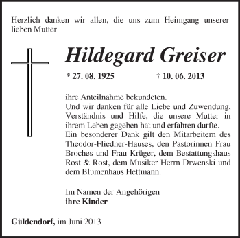 Traueranzeige von Hildegard Greiser von Märkische Oderzeitung