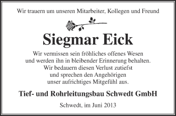 Traueranzeige von Siegmar Eick von Märkische Oderzeitung