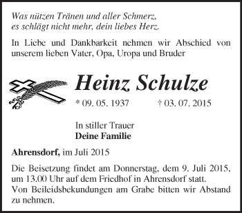 Traueranzeige von Heinz Schulze von Märkische Oderzeitung