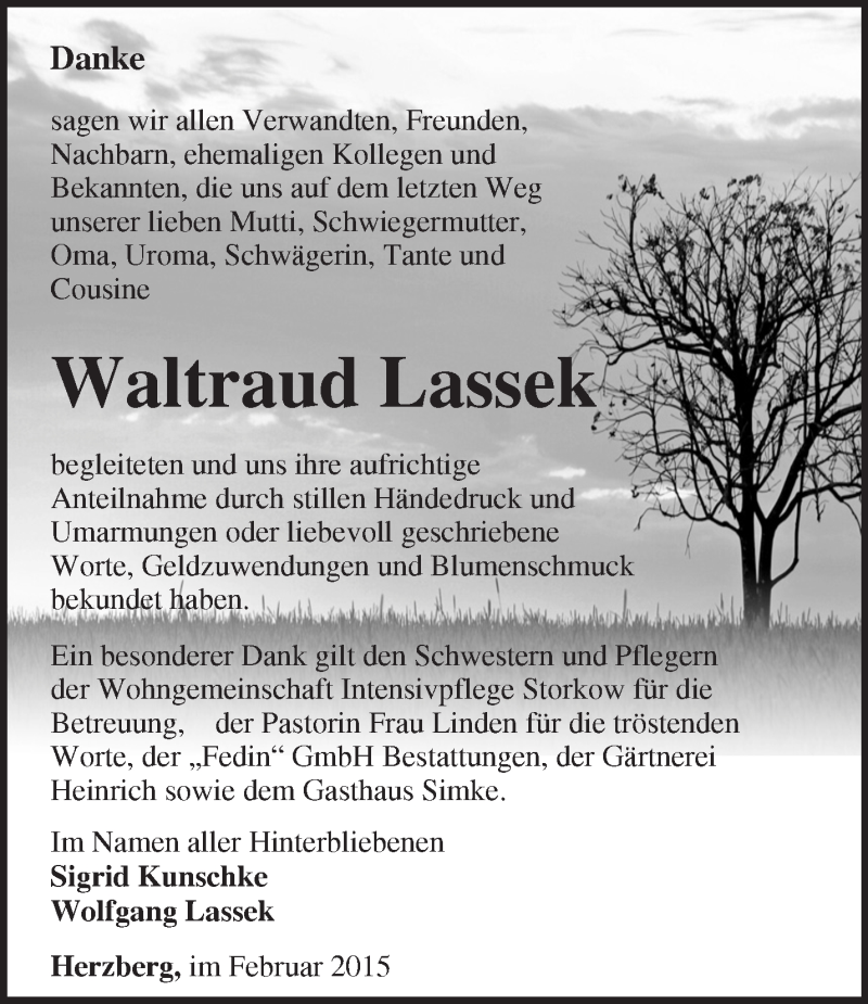  Traueranzeige für Waltraud Lassek vom 07.03.2015 aus Märkische Oderzeitung