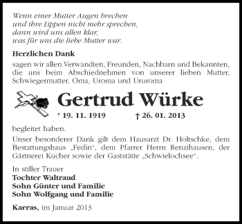 Traueranzeige von Gertrud Würke von Märkische Oderzeitung