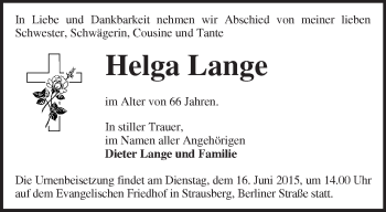 Traueranzeige von Helga Lange von Märkische Oderzeitung