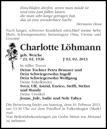 Traueranzeige von Charlotte Löhmann von Märkische Oderzeitung