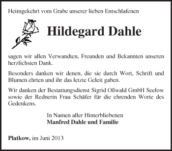 Traueranzeige von Hildegard Dahle von Märkische Oderzeitung