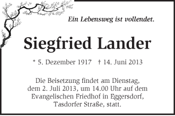 Traueranzeige von Siegfried Lander von Märkische Oderzeitung