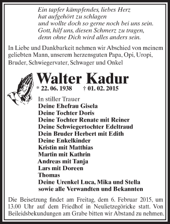 Traueranzeige von Walter Kadur von Märkische Oderzeitung