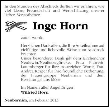 Traueranzeige von Inge Horn von Märkische Oderzeitung