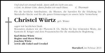 Traueranzeige von Christel Würtz von Märkische Oderzeitung