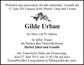 Traueranzeige von Gilde Urban von Märkische Oderzeitung