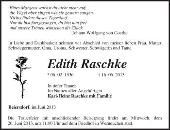 Traueranzeige von Edith Raschke von Märkische Oderzeitung