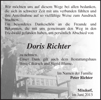 Traueranzeige von Doris Richter von Märkische Oderzeitung