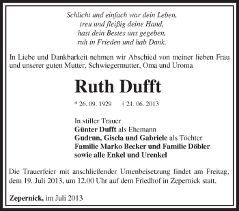 Traueranzeige von Ruth Dufft von Märkische Oderzeitung