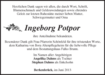 Traueranzeige von Ingeborg Potpor von Märkische Oderzeitung