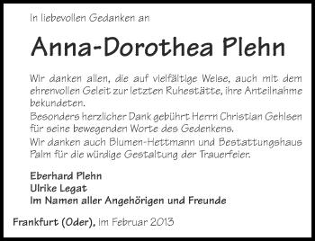 Traueranzeige von Anna-Dorothea Plehn von Märkische Oderzeitung