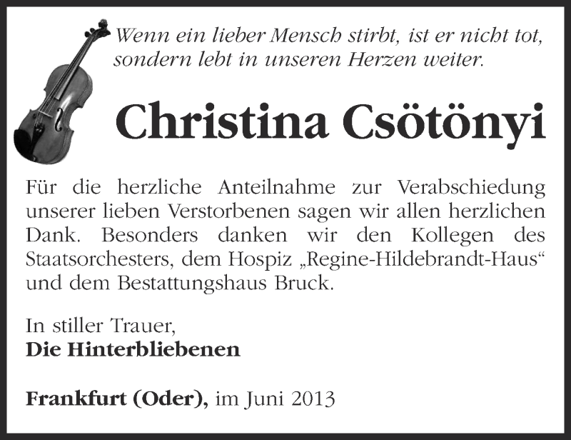  Traueranzeige für Christina Csötönyi vom 29.06.2013 aus Märkische Oderzeitung