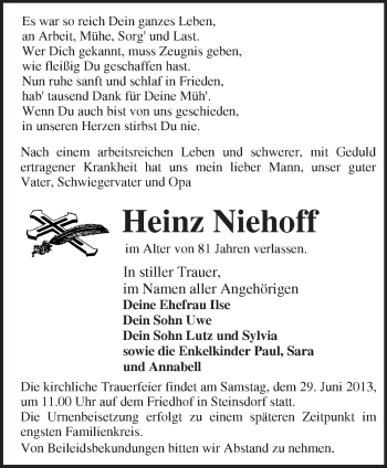 Traueranzeige von Heinz Niehoff von Märkische Oderzeitung