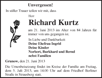 Traueranzeige von Richard Kurtz von Märkische Oderzeitung