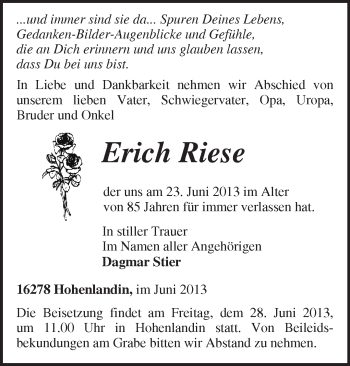 Traueranzeige von Erich Riese von Märkische Oderzeitung