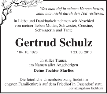 Traueranzeige von Gertrud Schulz von Märkische Oderzeitung