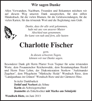 Traueranzeige von Charlotte Fischer von Märkische Oderzeitung