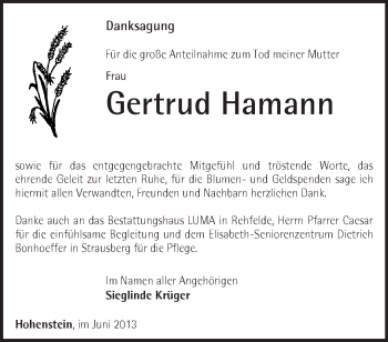 Traueranzeige von Gertrud Hamann von Märkische Oderzeitung