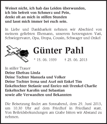 Traueranzeige von Günter Pahl von Märkische Oderzeitung