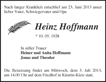 Traueranzeige von Heinz Hoffmann von Märkische Oderzeitung