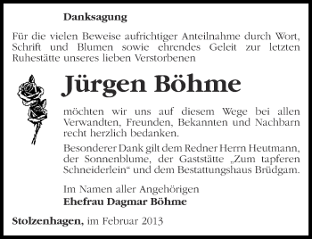 Traueranzeige von Jürgen Böhme von Märkische Oderzeitung