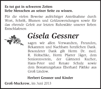 Traueranzeige von Gisela Gessner von Märkische Oderzeitung