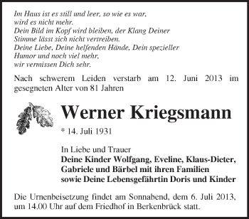 Traueranzeige von Werner Kriegsmann von Märkische Oderzeitung