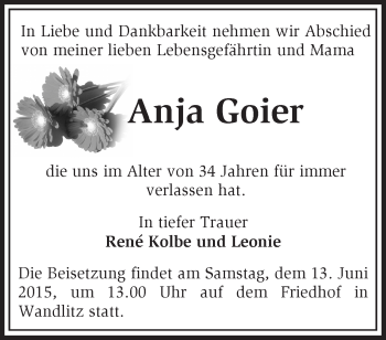 Traueranzeige von Anja Goier von Märkische Oderzeitung