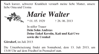 Traueranzeige von Marie Walter von Märkische Oderzeitung