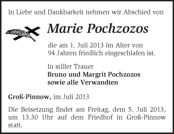 Traueranzeige von Marie Pochzosos von Märkische Oderzeitung