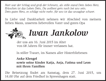 Traueranzeige von Iwan Jankolow von Märkische Oderzeitung