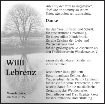 Traueranzeige von Willi Lebrenz von Märkische Oderzeitung