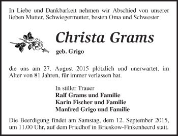 Traueranzeige von Christa Grams von Märkische Oderzeitung