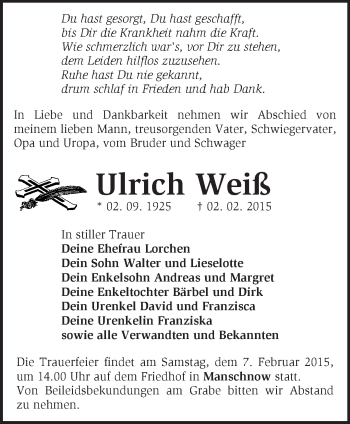 Traueranzeige von Ulrich Weiß von Märkische Oderzeitung