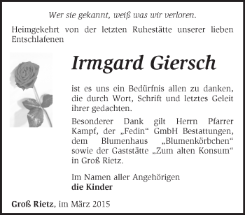 Traueranzeige von Irmgard Giersch von Märkische Oderzeitung