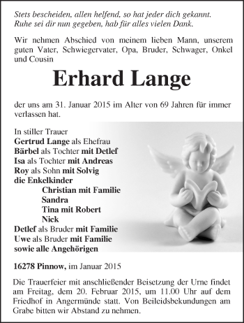 Traueranzeige von Erhard Lange von Märkische Oderzeitung