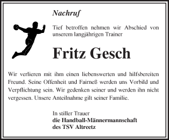 Traueranzeige von Fritz Gesch von Märkische Oderzeitung