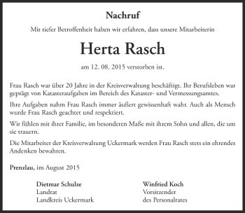 Traueranzeige von Herta Rasch von Märkische Oderzeitung